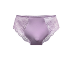 Immogene Olivia Gender Euphoric Lingerie Lilac Camille Comfort Fit Panties featuring a smooth modal center front panel and lilac stretch lace side panels with a scalloped edge. (non  tucking panty, mtf, transgender lingerie, gender inclusive, trans women, trans underwear, gender affirming lingerie)