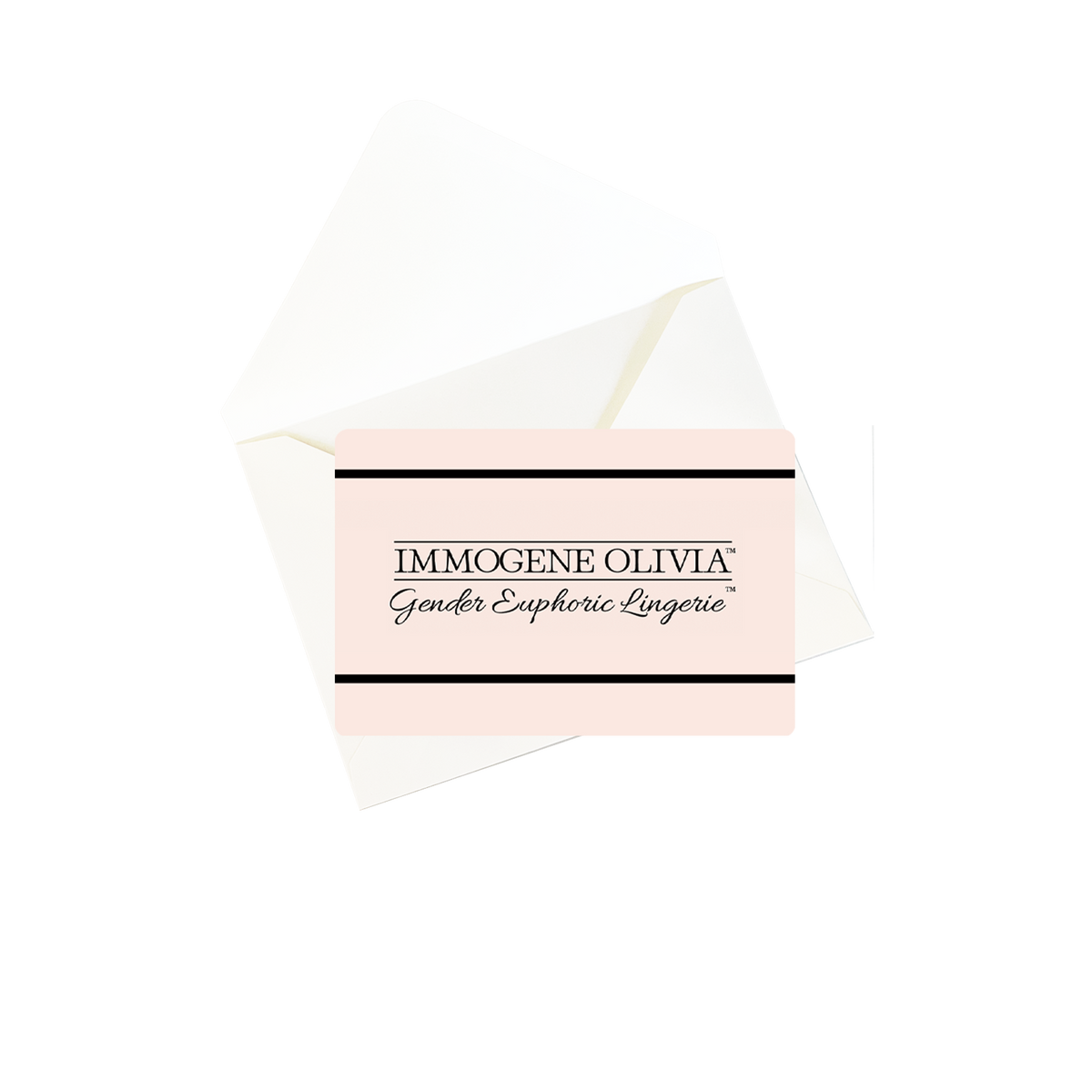 A digital gift card from Immogene Olivia Lingerie with the brand name and logo displayed. All gift cards delivered electronically. 